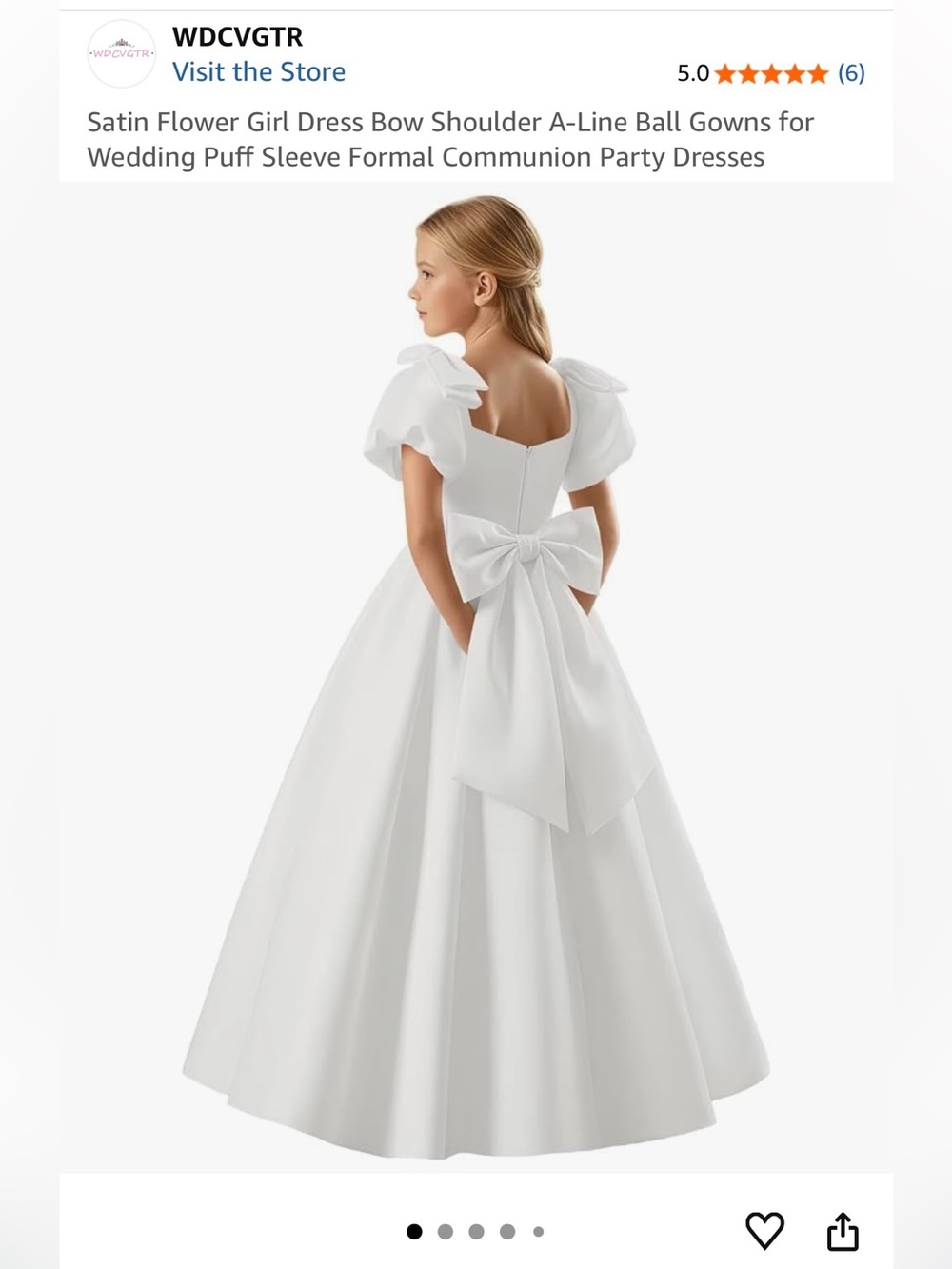 White Satin Puff-Sleeve Flower Girl Dress with Bow
